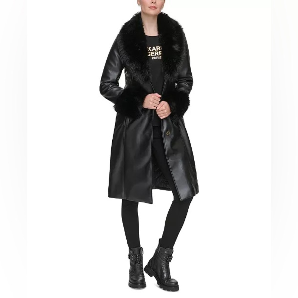 Black Faux Fur Trim Leather Coat size small - Picture 2 of 7